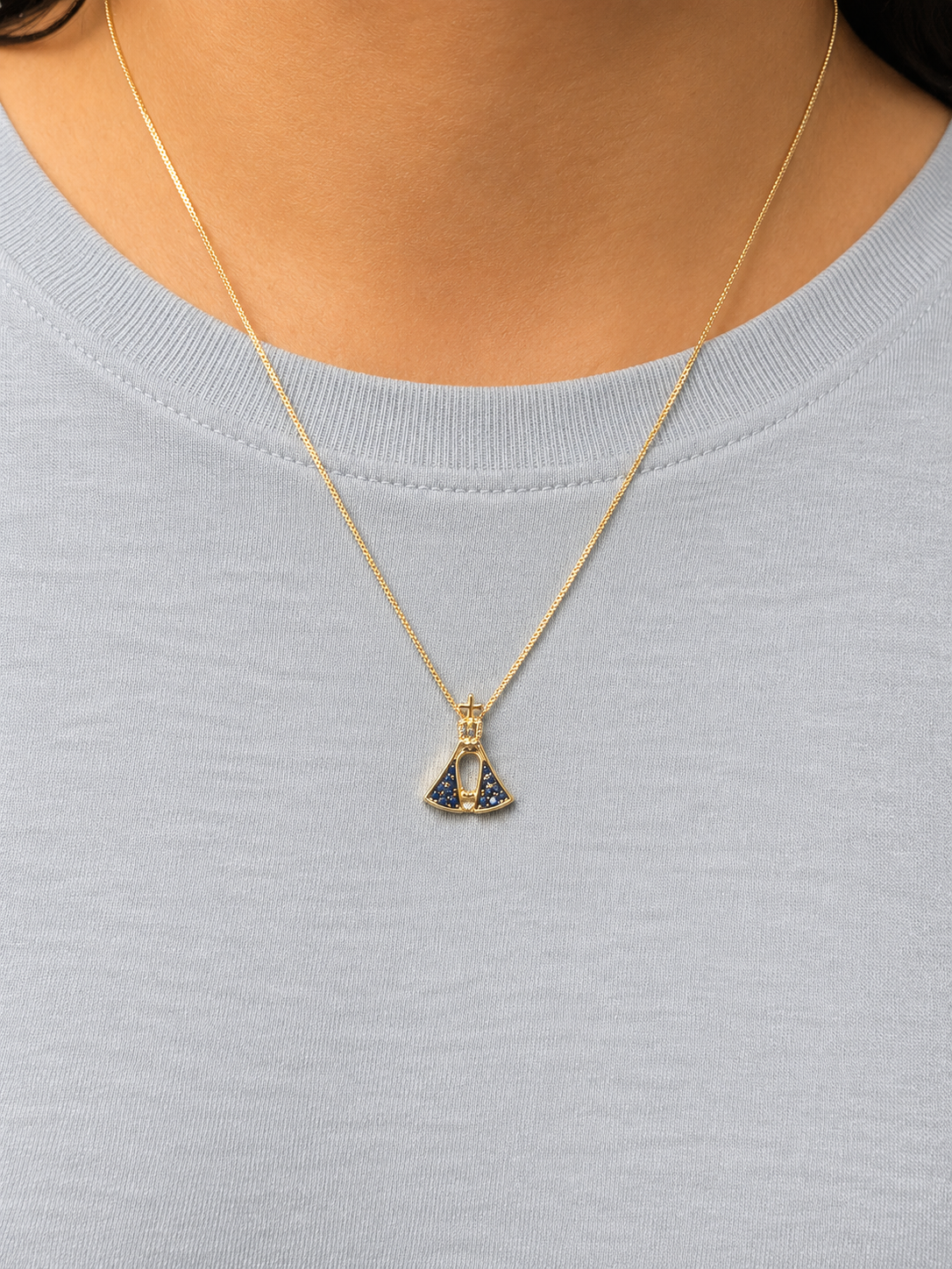 COLAR FOLHEADO A OURO NOSSA SENHORA APARECIDA AZUL