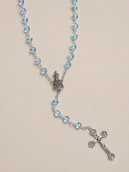 Terço Cristal Italiano- Azul - Nossa Senhora de Fátima 6mm