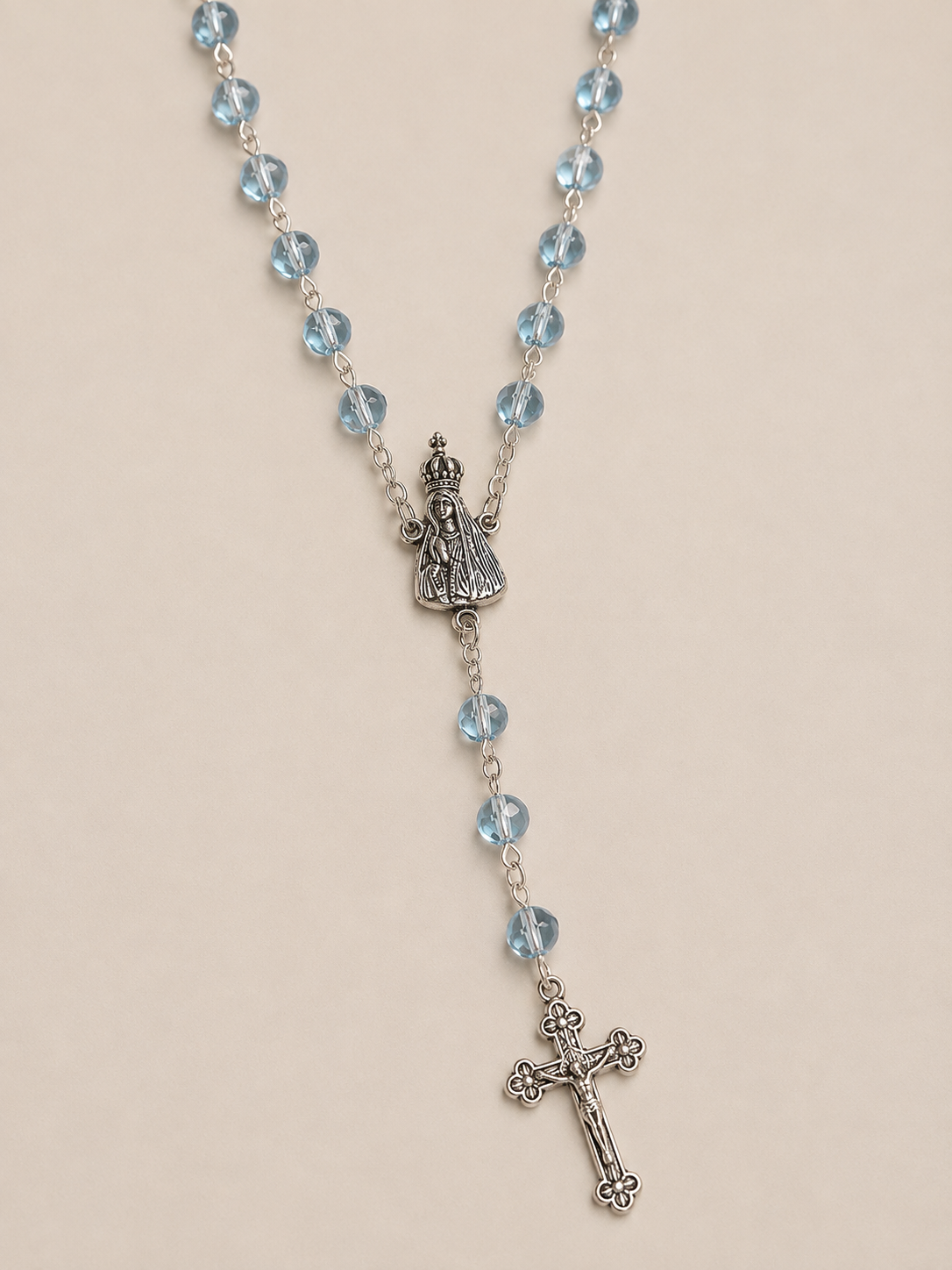 Terço Cristal Italiano- Azul - Nossa Senhora de Fátima 6mm