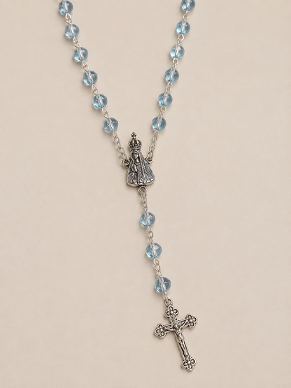 Terço Cristal Italiano- Azul - Nossa Senhora de Fátima 6mm