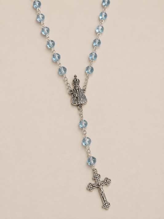 Terço Cristal Italiano- Azul - Nossa Senhora de Fátima 6mm
