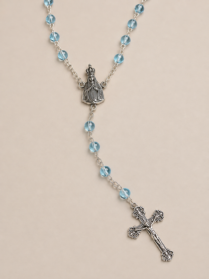 Terço Cristal Italiano- Azul - Nossa Senhora de Fátima 6mm