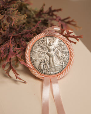 Medalhão de Berço Anjo da Guarda Rosa - Folheado a Prata