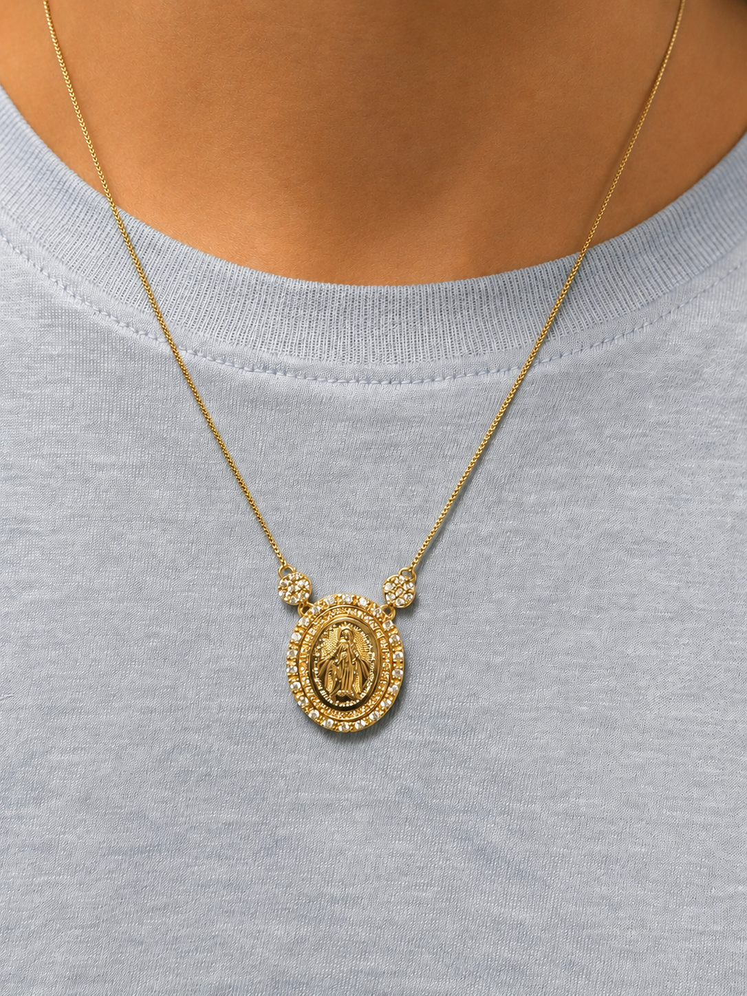 COLAR NSS.G COM MEDALHA MILAGROSA FOLHEADORA OURO C/ZIRCONIA