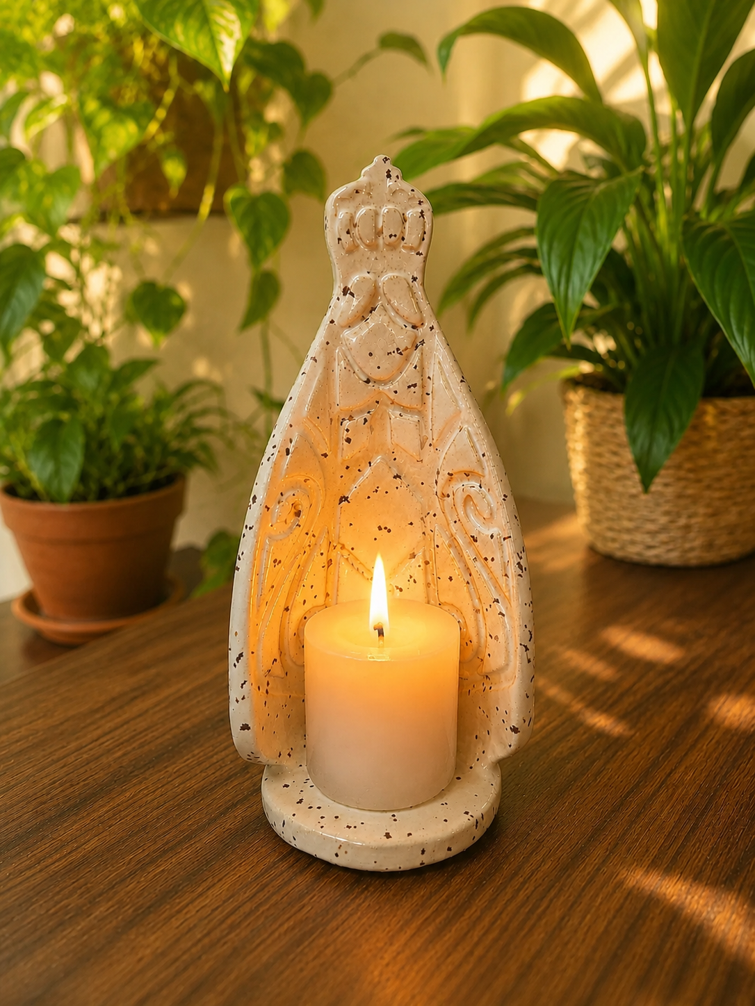 Porta vela decorativo Nossa Senhora em cerâmica