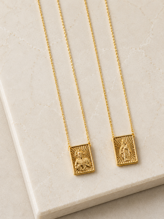 Escapulário Nossa Senhora do Carmo e Jesus - Retangular - Folheado a Ouro