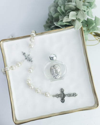 KIT: Terço noiva + Vidro de água benta Sagrada Família