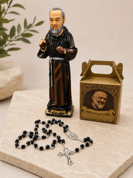 KIT TERÇO ITALIANO COM RELIQUIA + IMAGEM 20CM + MINI KIT INCENSO PADRE PIO