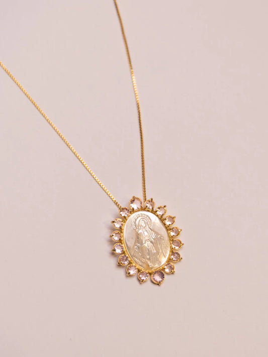 Colar Madrepérola Nossa Senhora das Graças - Pedras de Vidro Rosa