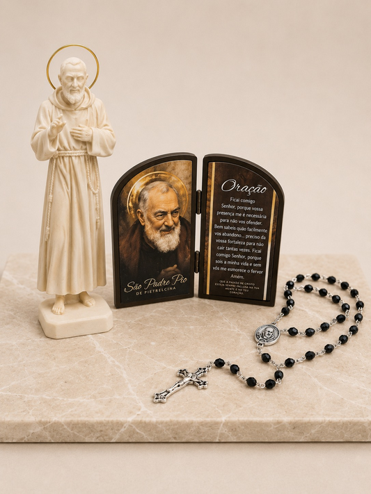 KIT IMAGEM 30CM + CAPELINHA + TERÇO ITALIANO COM RELIQUIA PADRE PIO
